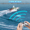 A person holds an RC boat controller while a remote-controlled boat is visible in the water, demonstrating a 2.4GHz RC boat's