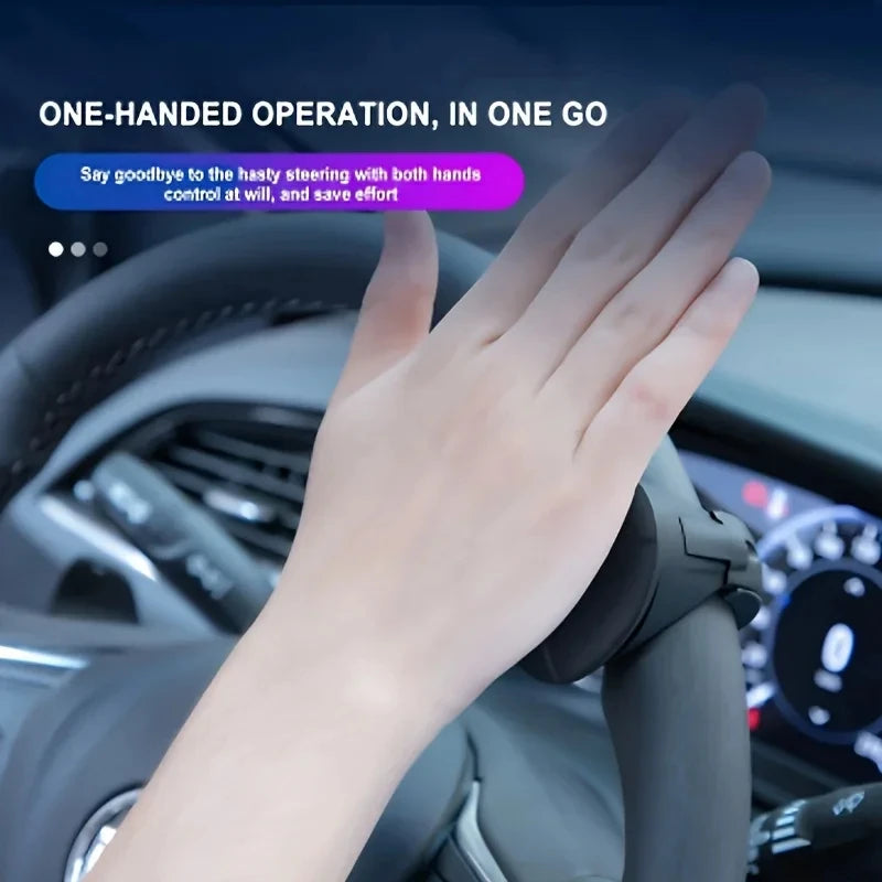 A hand grips a silicone steering wheel knob for one-handed operation in a car interior.