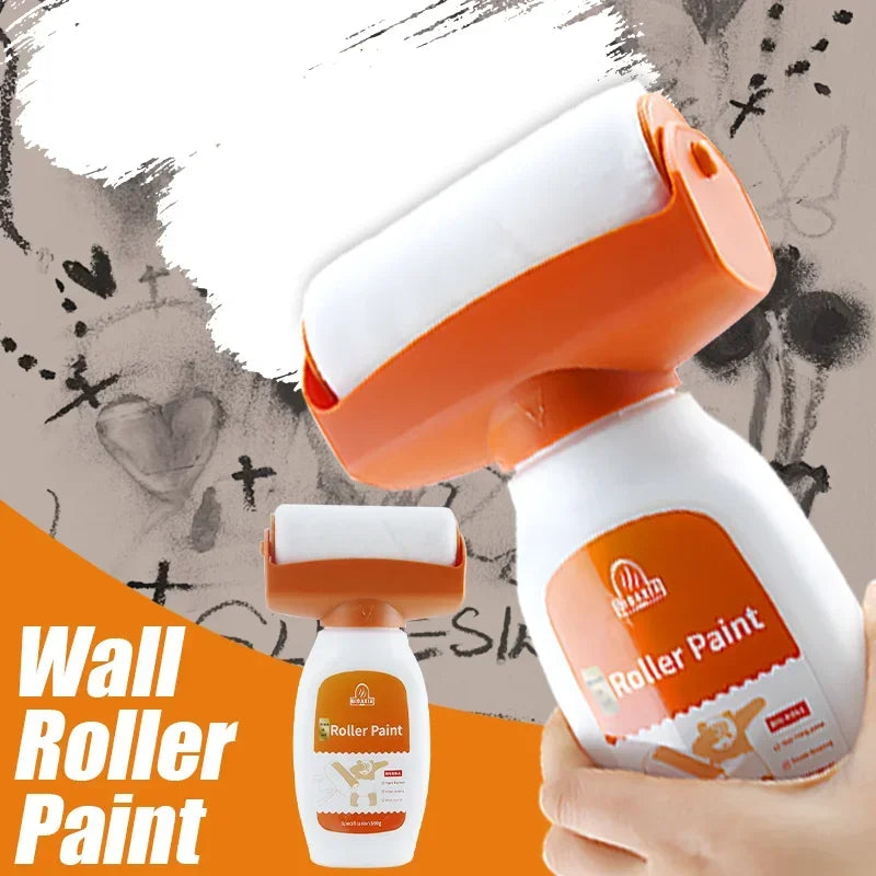 A hand holds an orange and white antibacterial wall repair paint roller kit with a brush.