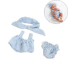 A light blue 3-piece doll outfit set including a bow, a top, and bottoms for a baby doll.
