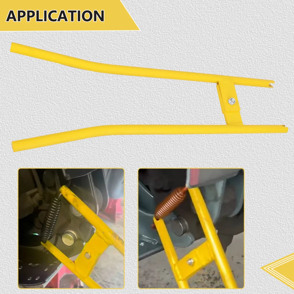 Yellow heavy-duty truck brake spring installer and remover tool shown in application.