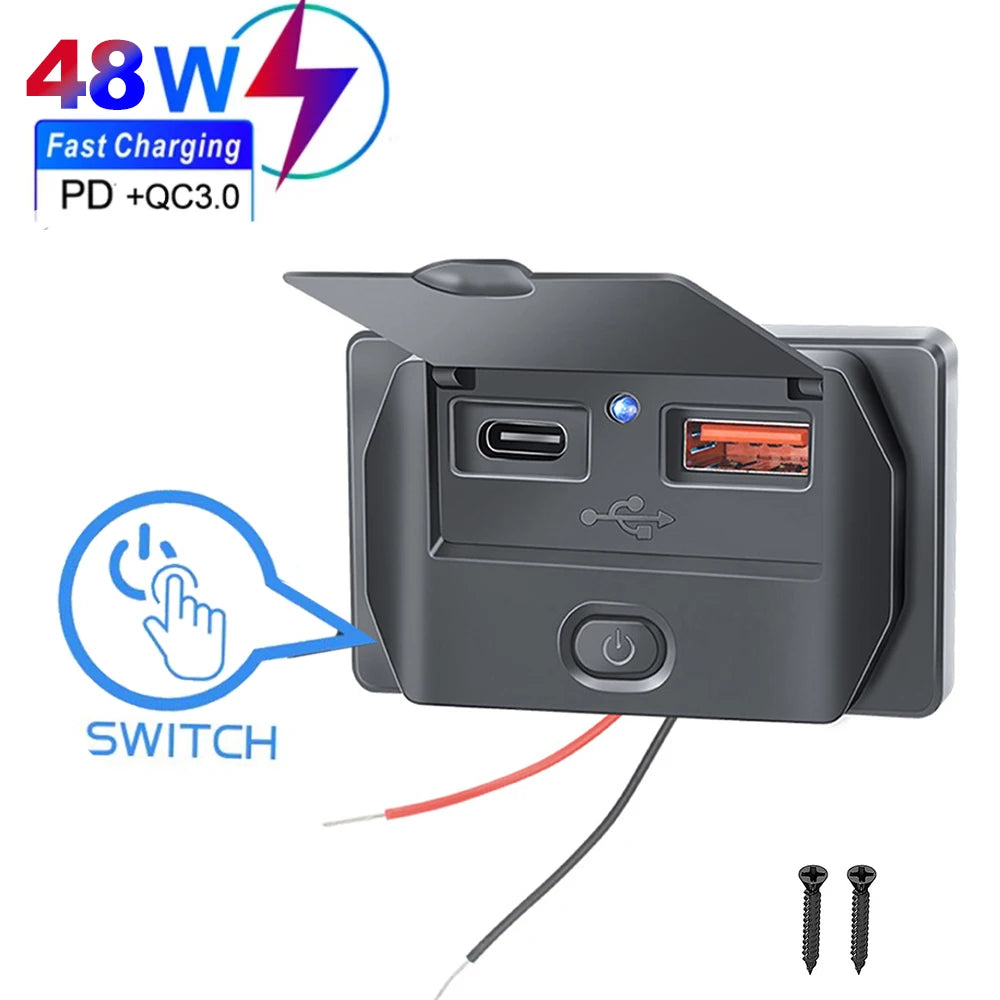 A black dual USB car charger adapter with a switch and cables for fast charging.