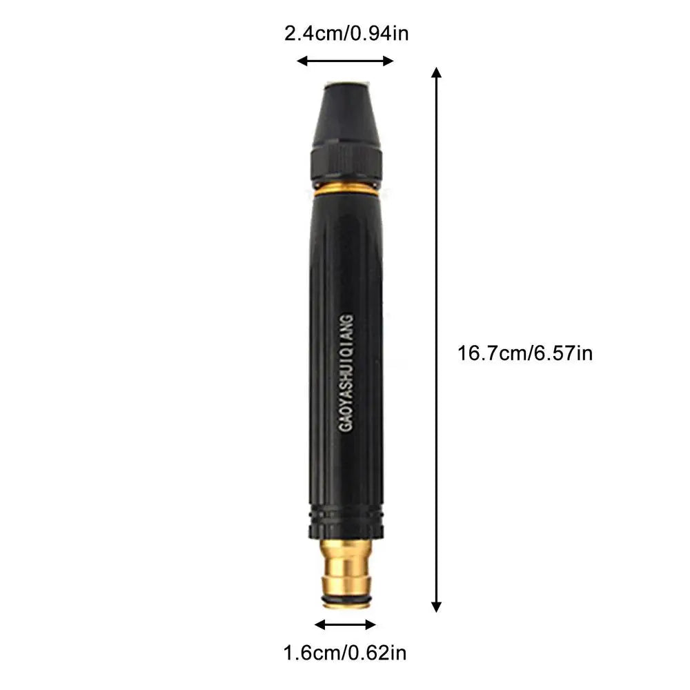A black adjustable metal garden hose nozzle with a brass fitting.