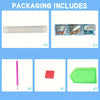 Packaging includes a white tube, a clear plastic bag with crystals, a pink tool, and a green plastic sheet for a diamond pain