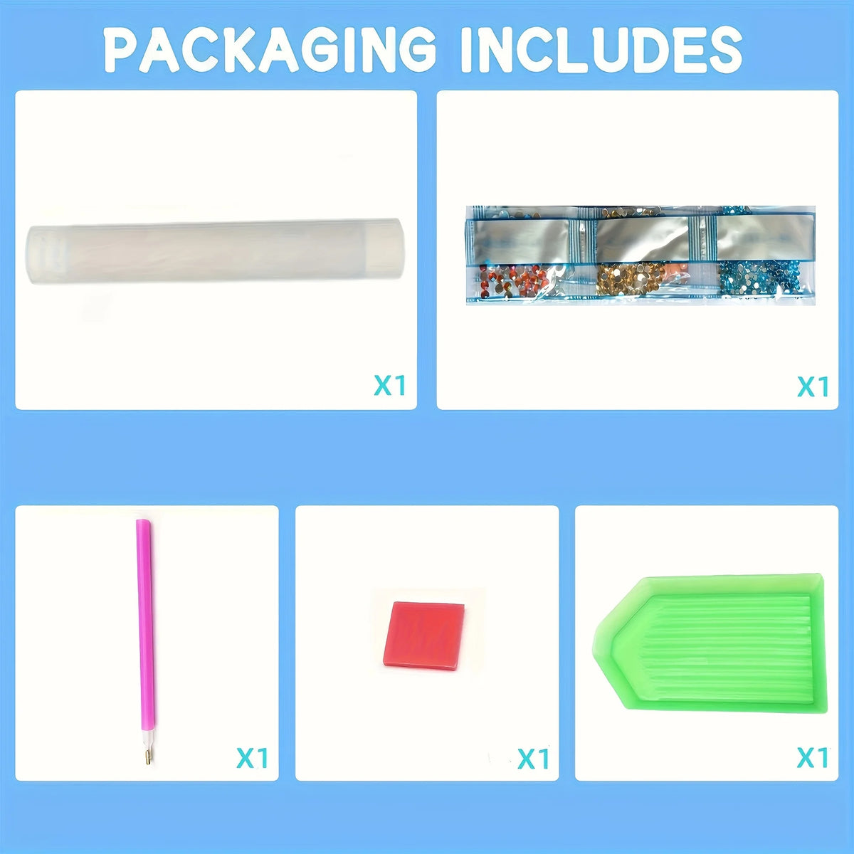 Packaging includes a white tube, a clear plastic bag with crystals, a pink tool, and a green plastic sheet for a diamond pain