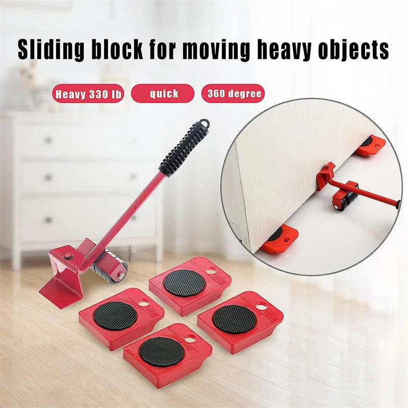 Red sliding block for moving heavy objects shown with a lifting bar and multiple blocks on a wooden floor.