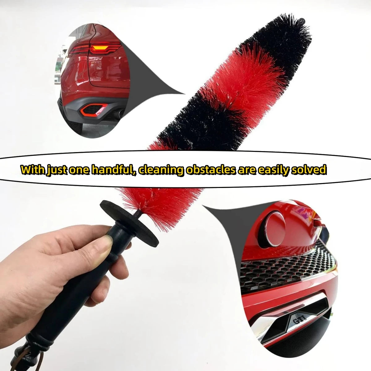 A hand holds a long reach soft bristle wheel cleaning brush with red and black bristles, demonstrating its use to clean obsta