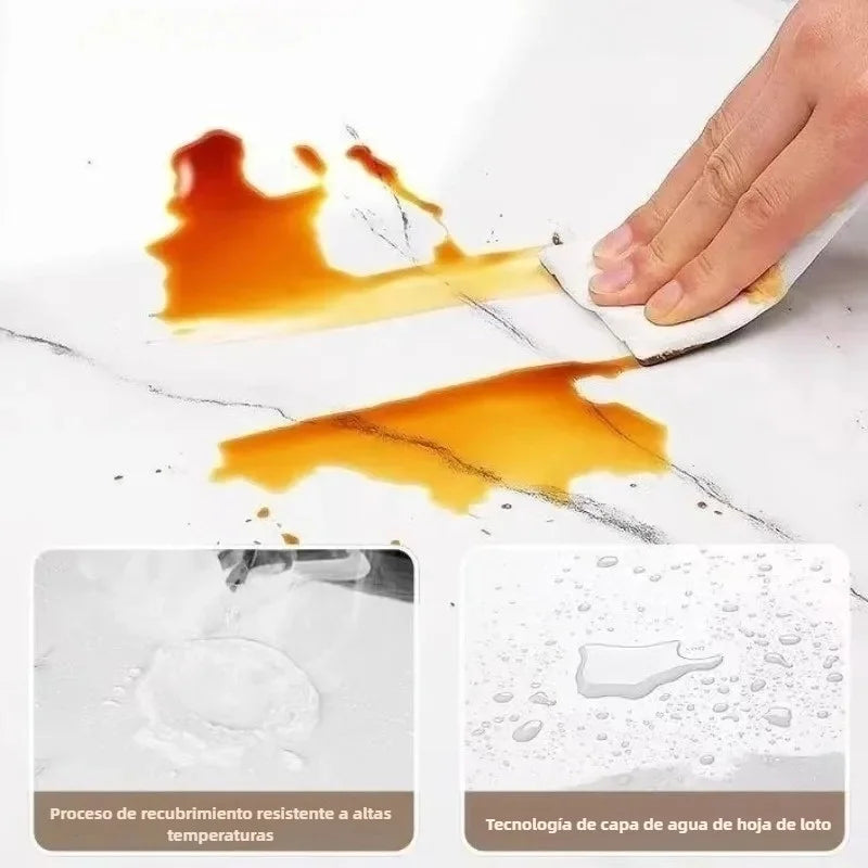 Hand applying a peel-and-stick waterproof wall panel to a marble surface, showing the process of high-temperature coating.
