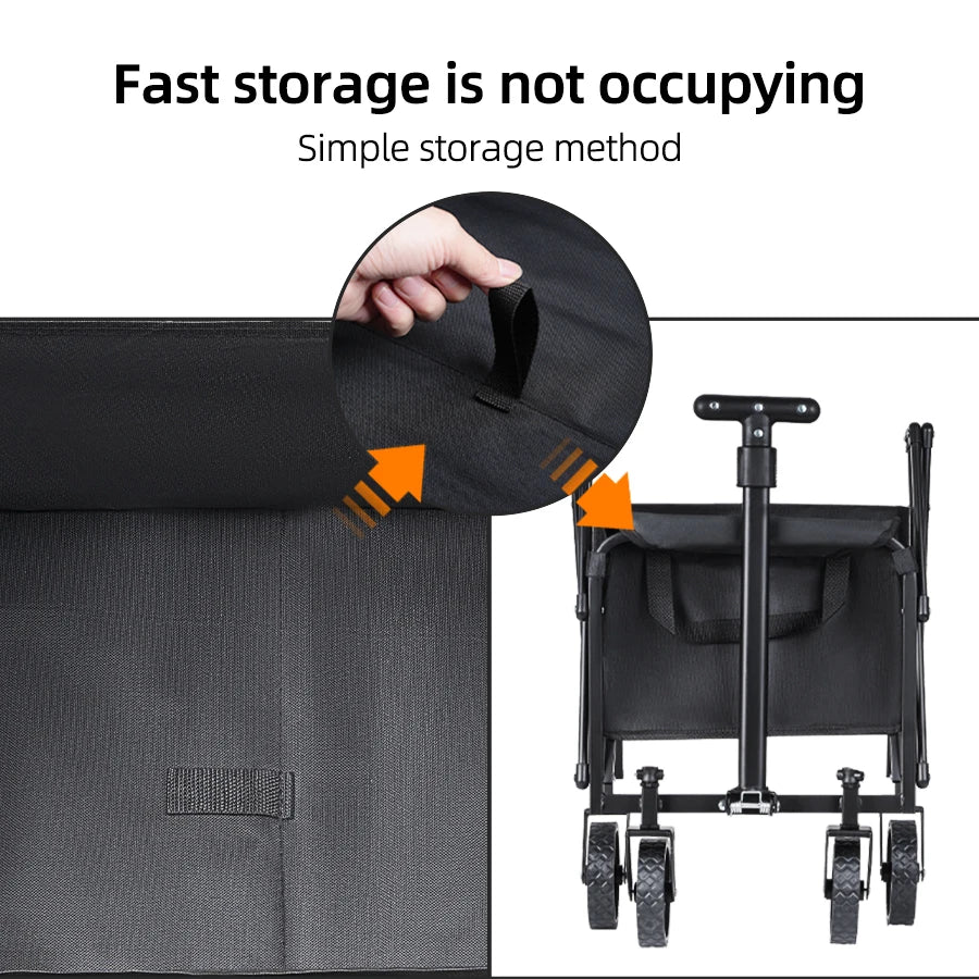 A hand demonstrates a simple storage method for a black foldable utility cart.