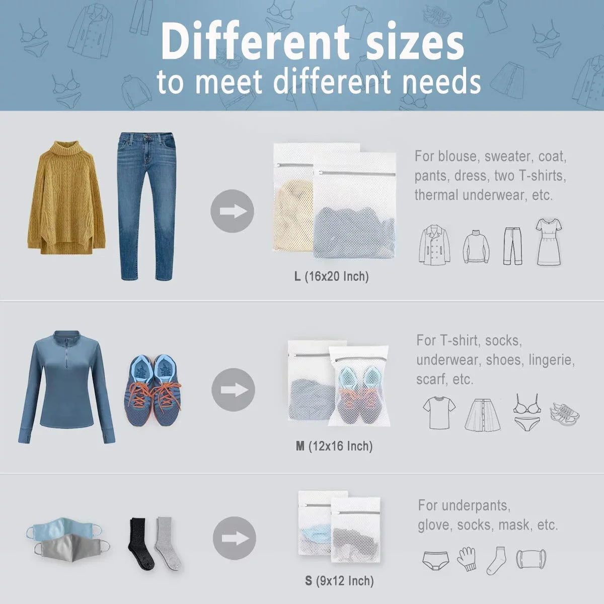 Three sizes of reusable mesh laundry bags with protective zippers shown next to various clothing items.