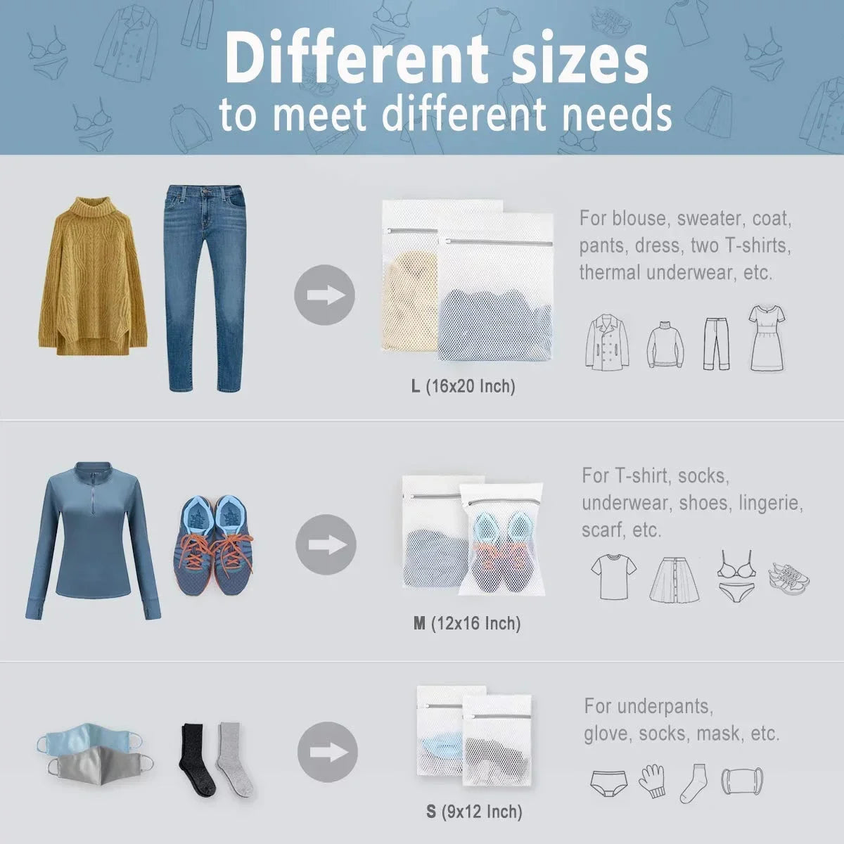 Three sizes of reusable mesh laundry bags with protective zippers shown next to clothing items.