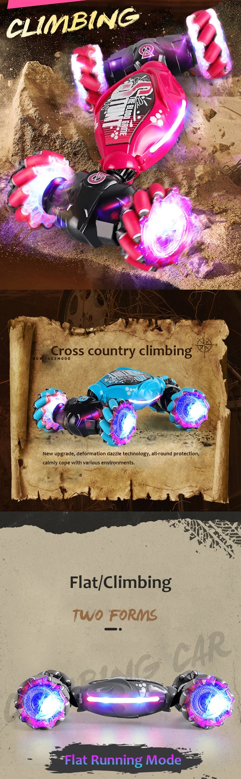 A pink and black RC stunt car is shown in a climbing context, demonstrating flat running mode.