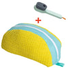 Yellow and light blue shoe washing bag with a soft bristled cleaning brush set