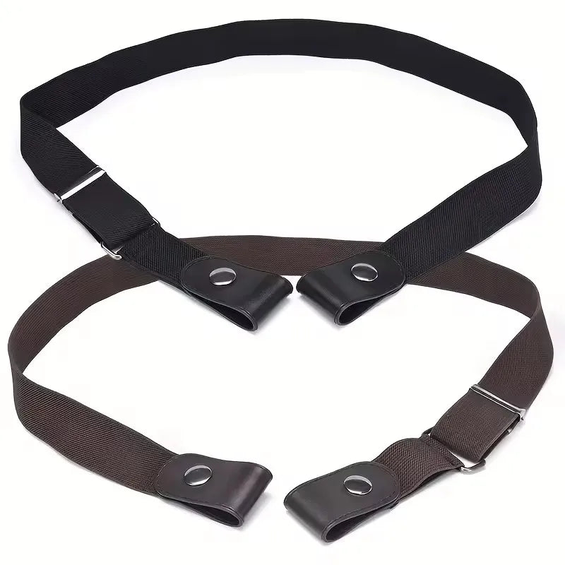 A pair of black elastic no-buckle belts for men and women displayed against a white background.