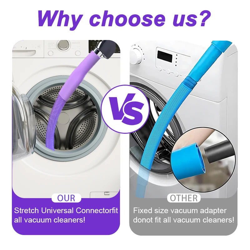 Comparison showing a purple stretch connector versus a blue fixed size vacuum adapter for dryer vent cleaning kits