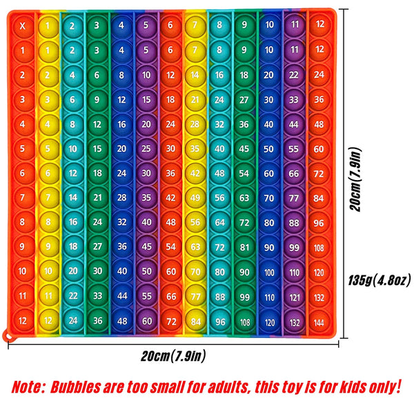 A colorful grid of tactile multiplication fidget toys with numbered buttons for kids