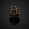 A bronze metal polyhedral dice set, likely a d10, is shown resting on a reflective surface.