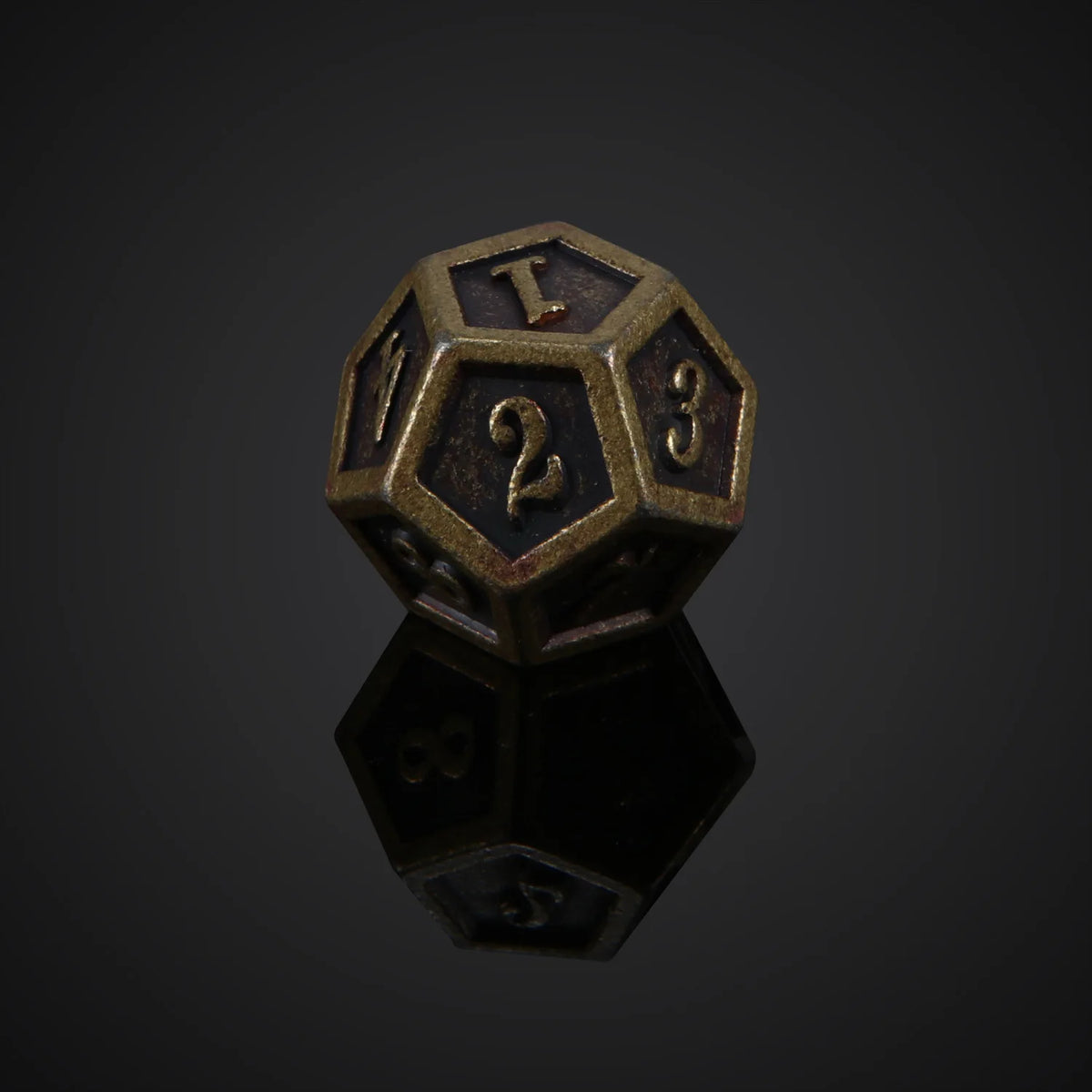 A bronze metal polyhedral dice set, likely a d10, is shown resting on a reflective surface.
