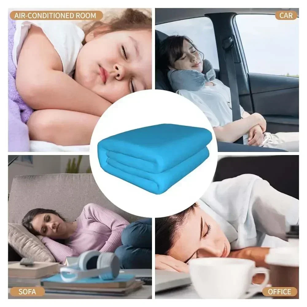 A collection of blue flannel throw blankets shown in various contexts including a car, air-conditioned room, sofa, and office