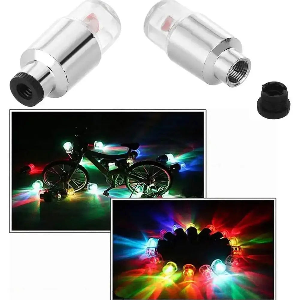 A set of motion-activated LED tire valve lights for bikes, cars, and motorcycles shown in various angles.
