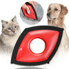 A red pet hair remover tool with a black comb is shown alongside a cat and a dog.