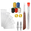 A set of stainless steel sewing needles and various colored thread spools are displayed with a travel case.