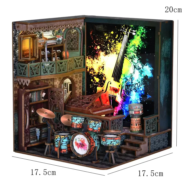 A wooden puzzle book shelf insert decor featuring a miniature house scene with musical instruments and decorative elements.