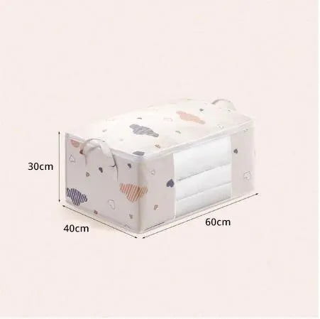 A white foldable blanket and clothes storage bag with a zipper, shown from above.