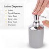 A hand is dispensing lotion from a silver lotion dispenser bottle, with a list of products including lotion, facial cleanser,