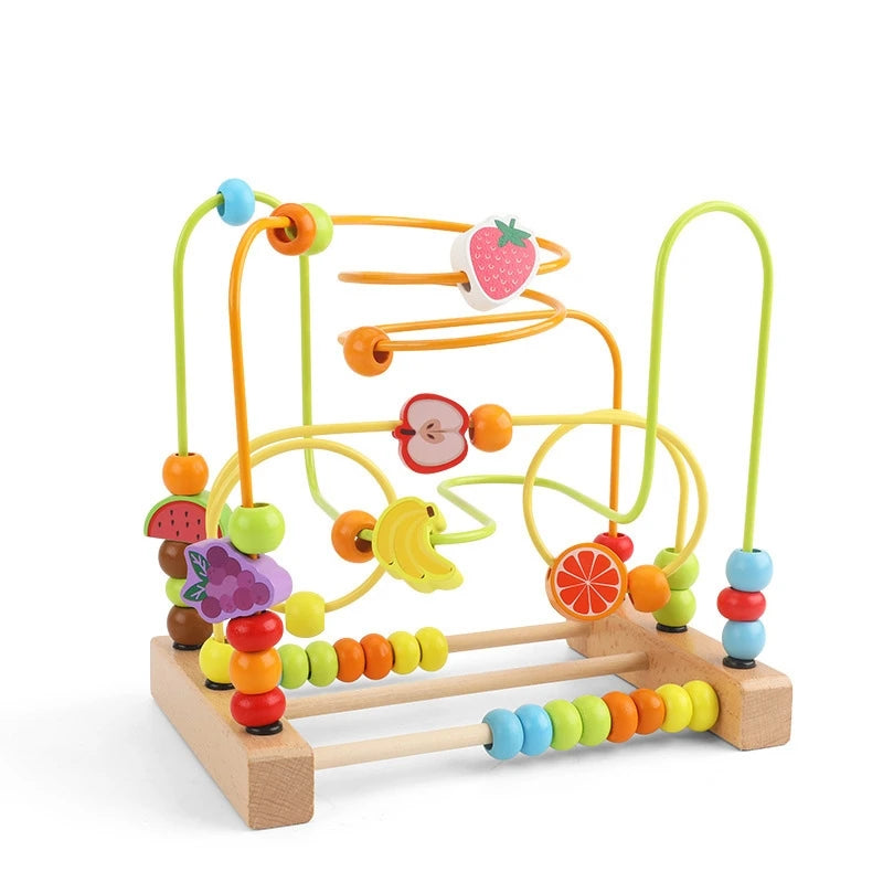 A wooden bead maze toy with colorful fruit shapes and strings for toddlers.