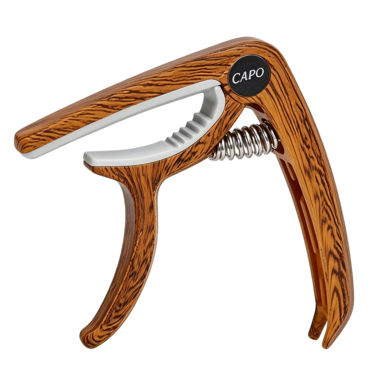 A wooden adjustable guitar capo with a silver bridge pin puller visible from the side.