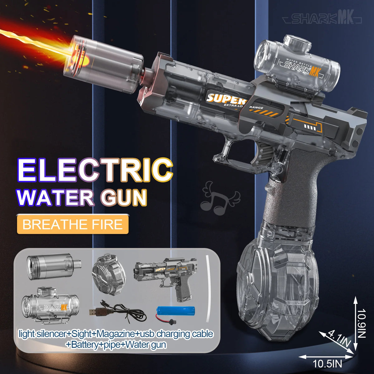 Silbrige elektrische Wasserpistole mit Flammen-Effekt neben Komponenten und Rohr