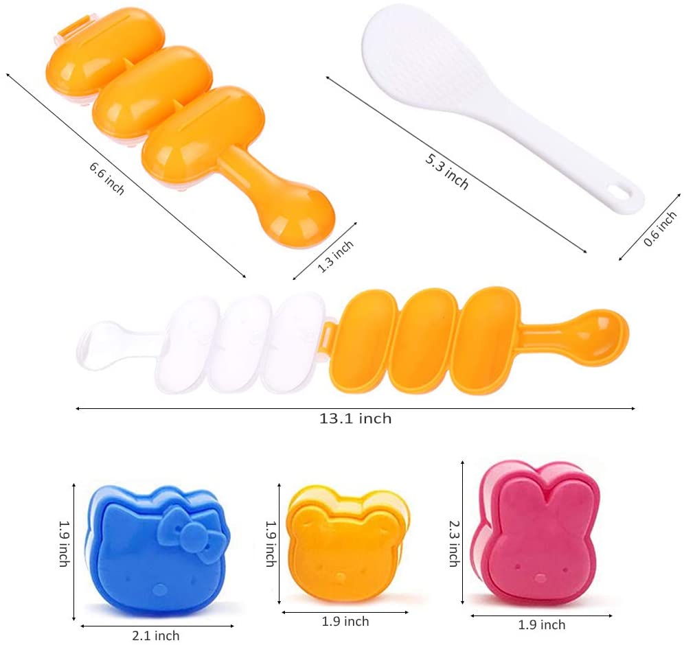 A collection of silicone rice ball moulds and a paddle for making DIY bento items in various colors.