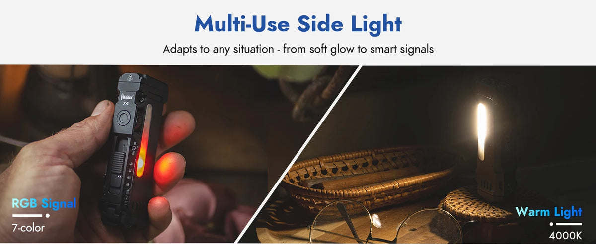 A hand holds a compact flashlight with an RGB side light, demonstrating its adaptability from soft glow to smart signals.