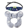 A blue and yellow patterned baby car seat head and neck support pillow with a safety strap.
