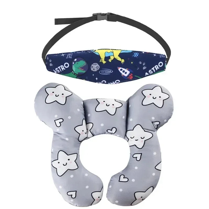 A blue and yellow patterned baby car seat head and neck support pillow with a safety strap.