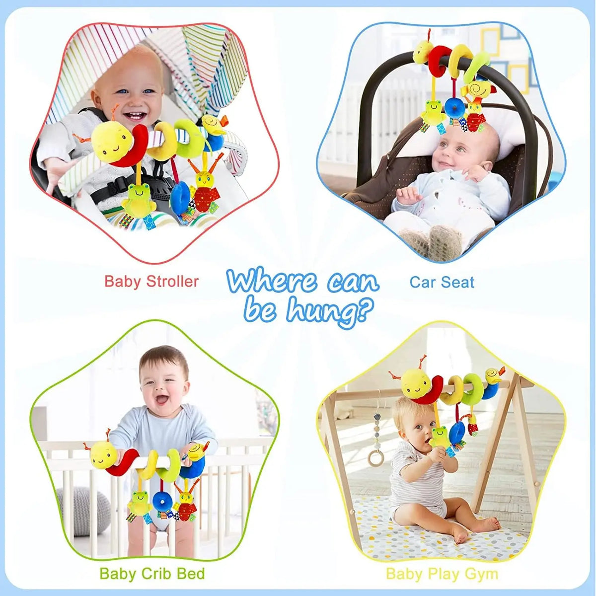 Various plush spiral crib and stroller activity toys including hanging rattles for babies