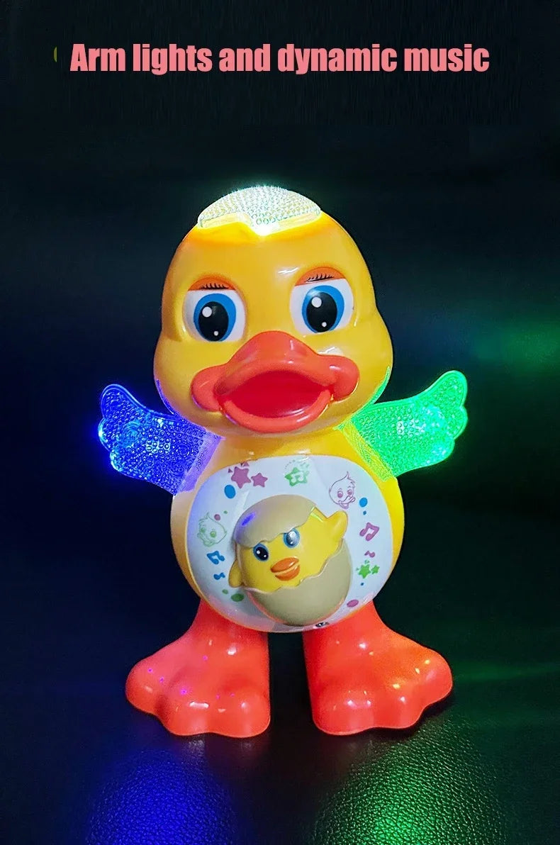 A yellow duck toy with glowing lights and wings, featuring a smaller duck inside.