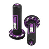 A black motorcycle handlebar grip with purple accents and a textured rubber surface.