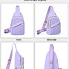 Multi-angle display of a purple quilted crossbody sling bag showing front, micro side, plus side, and back views.