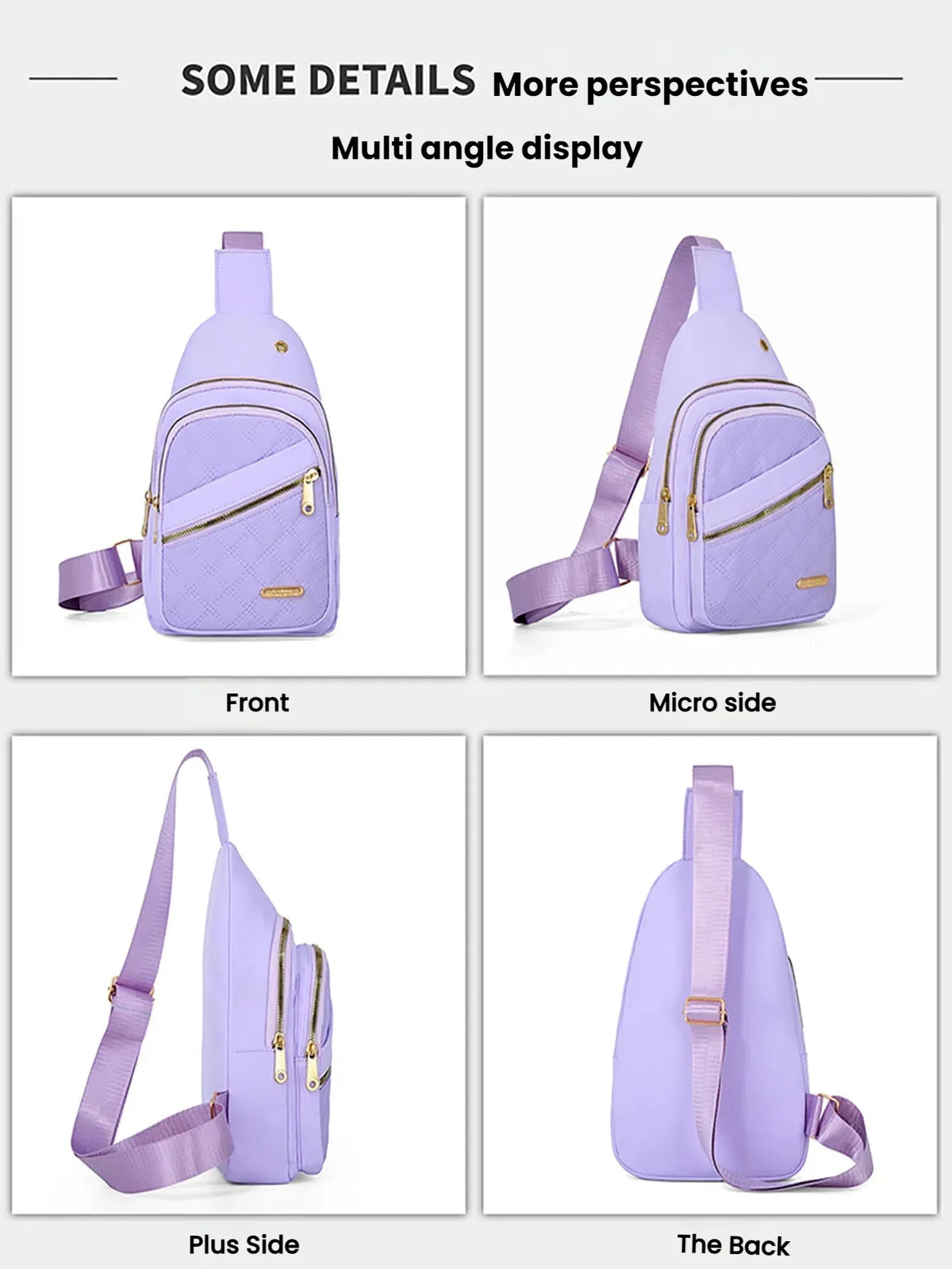 Multi-angle display of a purple quilted crossbody sling bag showing front, micro side, plus side, and back views.