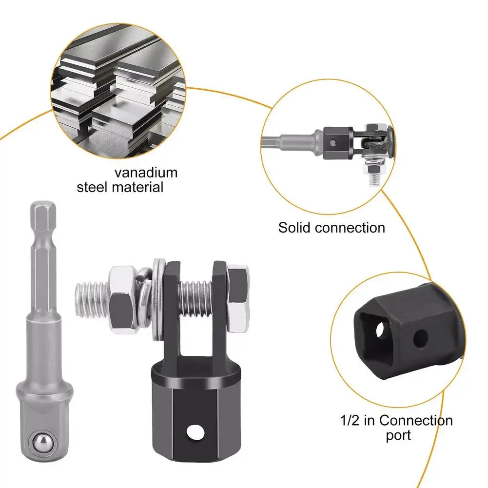 Chrome vanadium scissor jack adapter for drills and impact drivers showing material, connection, and port details