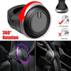 A black 360° rotating steering wheel spinner knob is shown with usage instructions and installation examples.