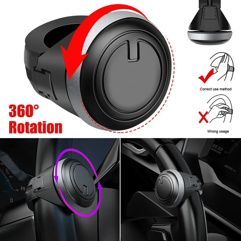 A black 360° rotating steering wheel spinner knob is shown with usage instructions and installation examples.