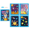 A set of six pages from a magic water book featuring colorful illustrations of space, animals, and characters.