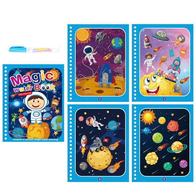 A set of six pages from a magic water book featuring colorful illustrations of space, animals, and characters.