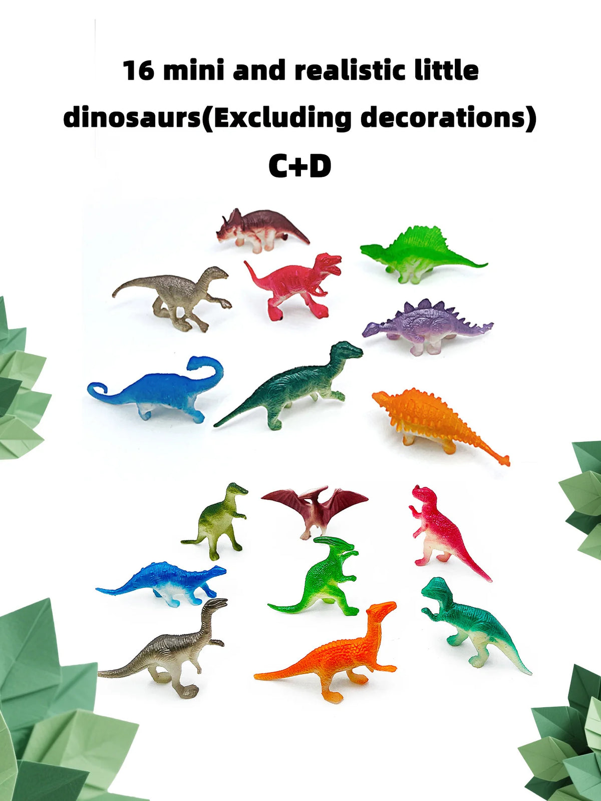 A collection of 16 mini and realistic little dinosaurs in various colors and poses.