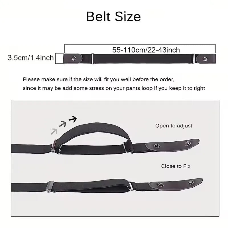 A black elastic belt is shown in two configurations: open to adjust and closed to fix.