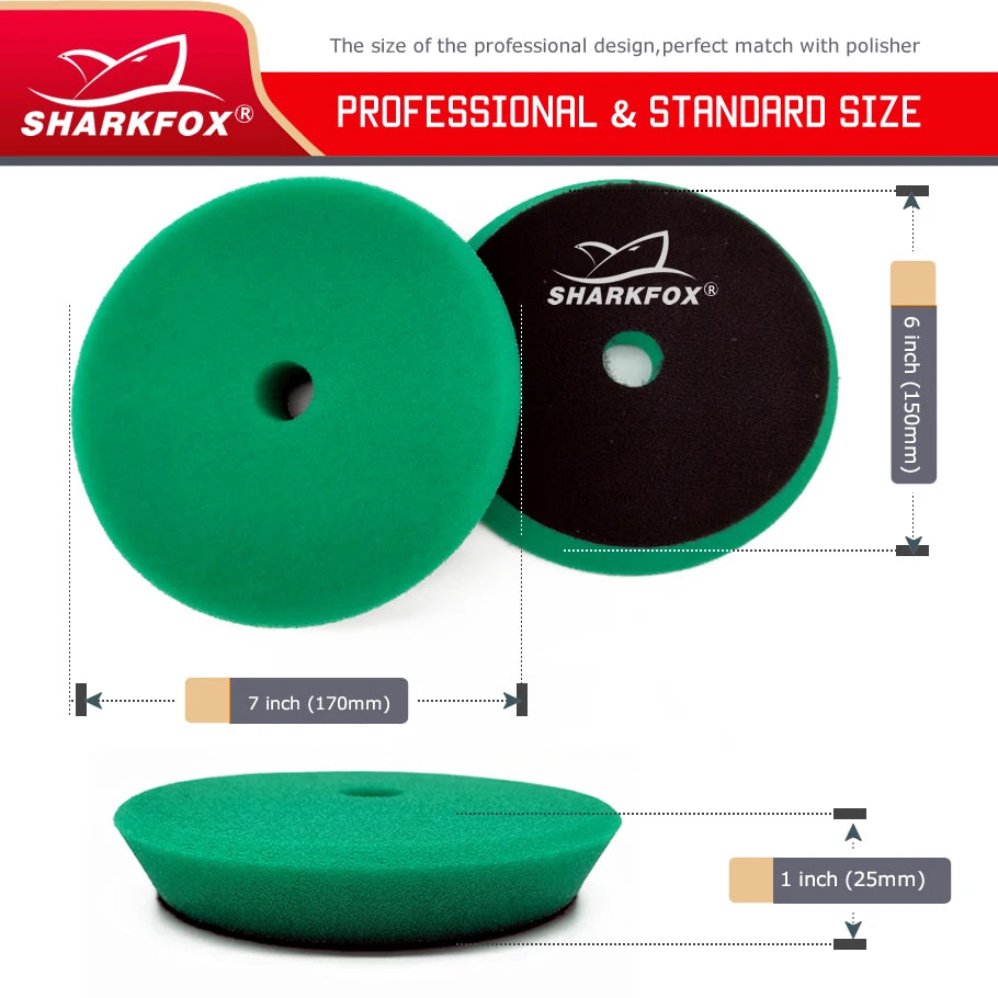 Sharkfox professional and standard size polishing sponge pads in green and black.