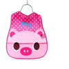 Pink pig-themed wipeable baby bib with a catch-all pocket for weaning toddlers